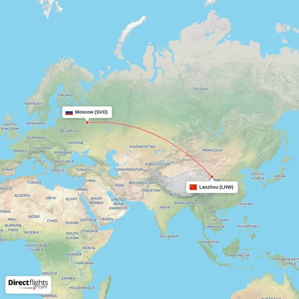 Lanzhou - Moscow direct flight map