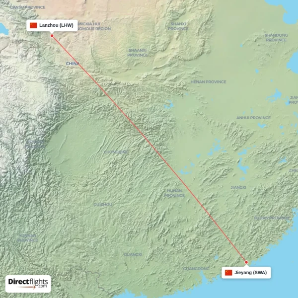 Lanzhou - Jieyang direct flight map