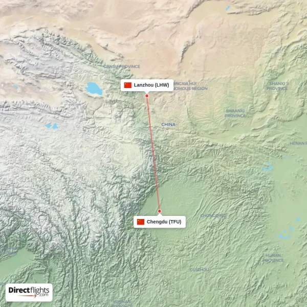 Lanzhou - Chengdu direct flight map