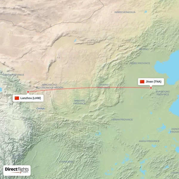 Lanzhou - Jinan direct flight map