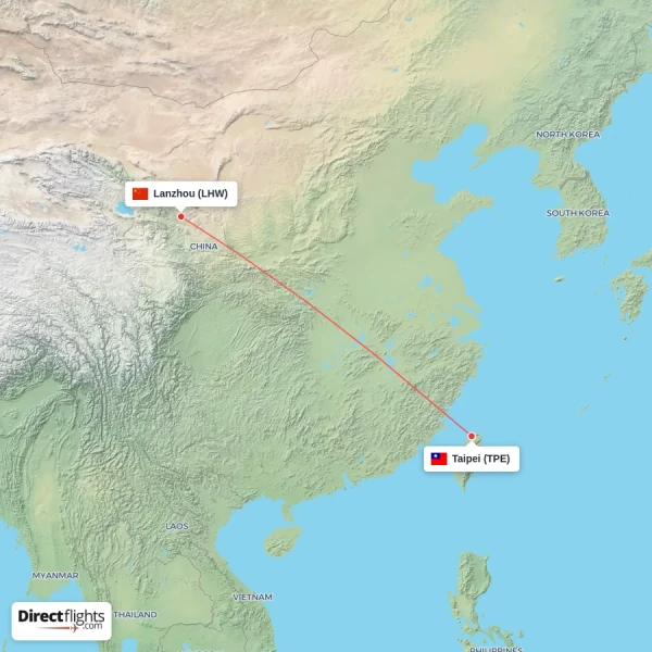 Lanzhou - Taipei direct flight map