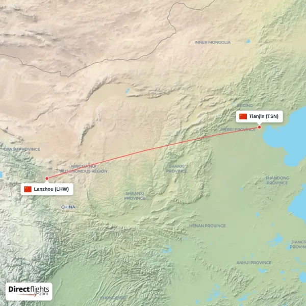 Lanzhou - Tianjin direct flight map