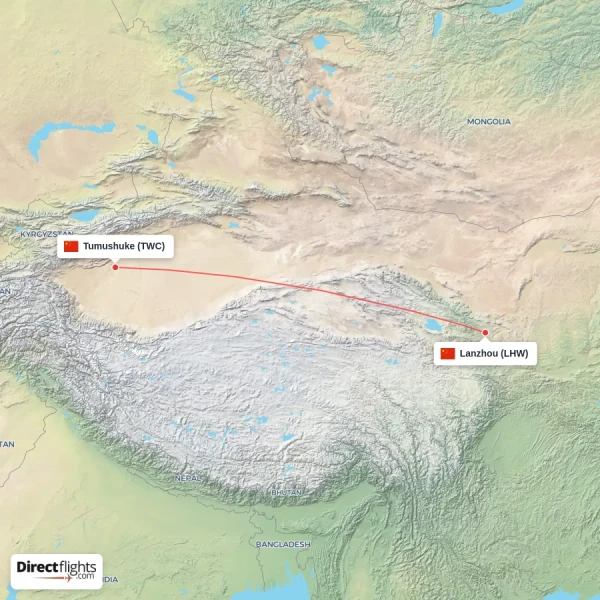 Lanzhou - Tumushuke direct flight map