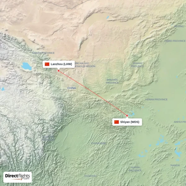 Lanzhou - Shiyan direct flight map