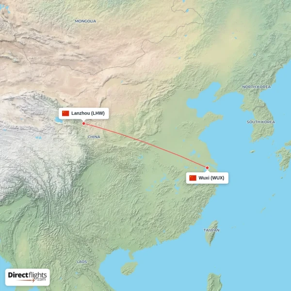 Lanzhou - Wuxi direct flight map