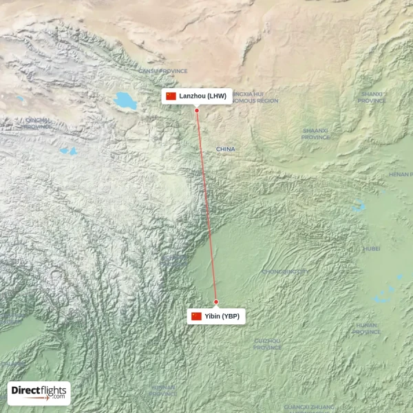 Lanzhou - Yibin direct flight map