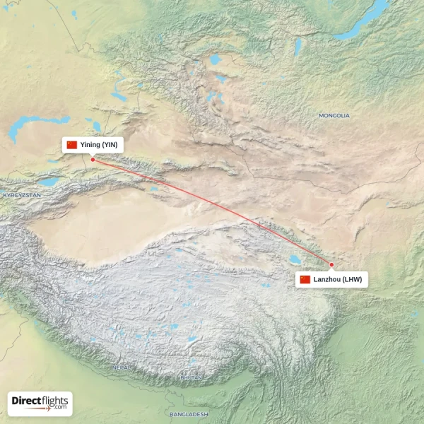 Lanzhou - Yining direct flight map