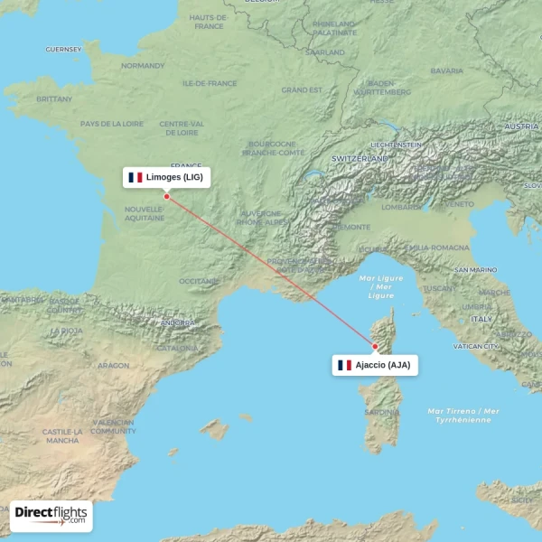 Limoges - Ajaccio direct flight map