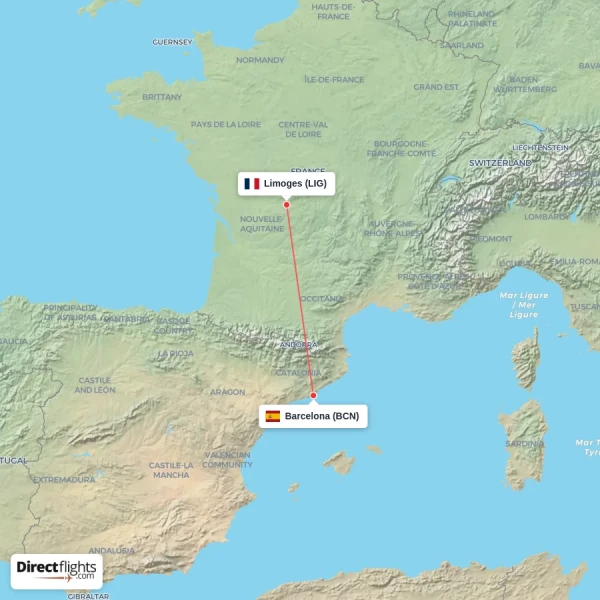 Limoges - Barcelona direct flight map