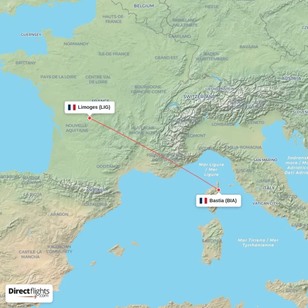 Limoges - Bastia direct flight map