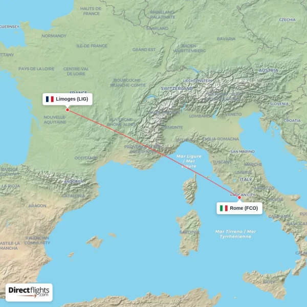 Limoges - Rome direct flight map