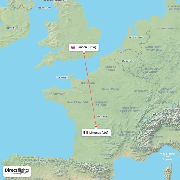 Limoges - London direct flight map