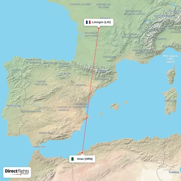 Limoges - Oran direct flight map