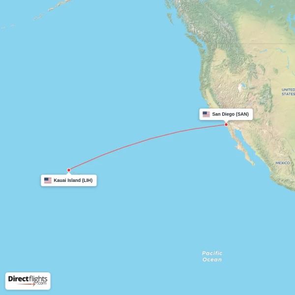 Kauai Island - San Diego direct flight map