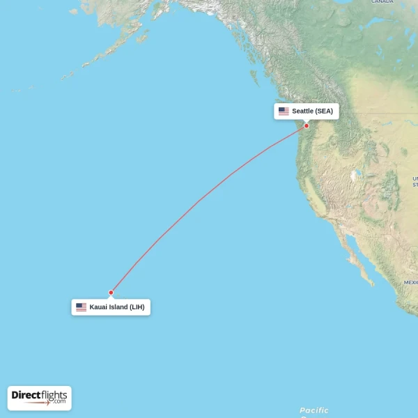 Kauai Island - Seattle direct flight map