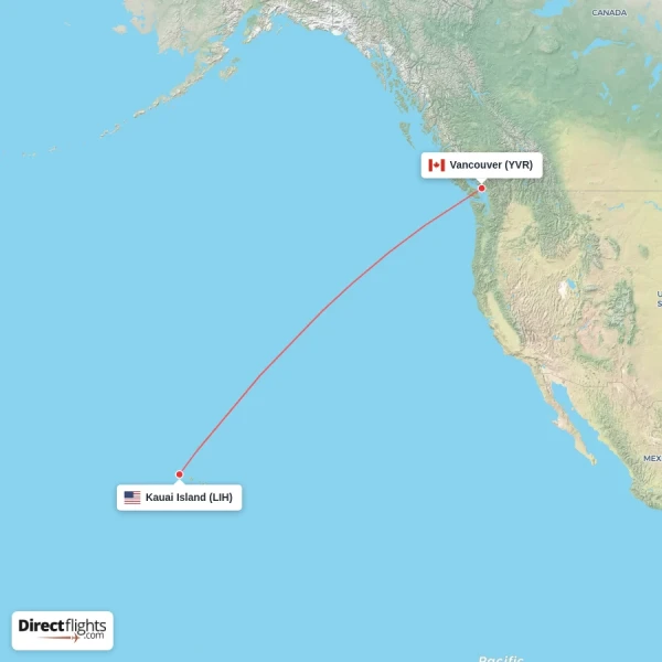 Kauai Island - Vancouver direct flight map