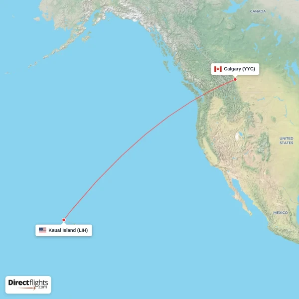 Kauai Island - Calgary direct flight map