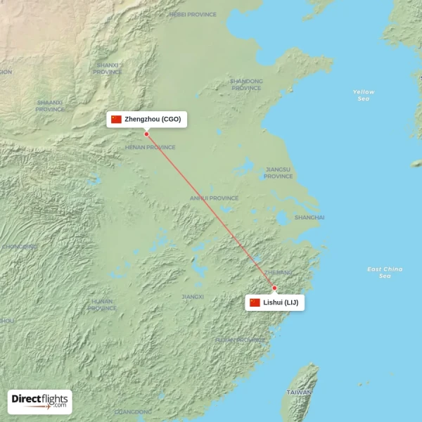 Lishui - Zhengzhou direct flight map