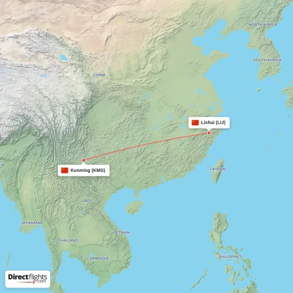 Lishui - Kunming direct flight map