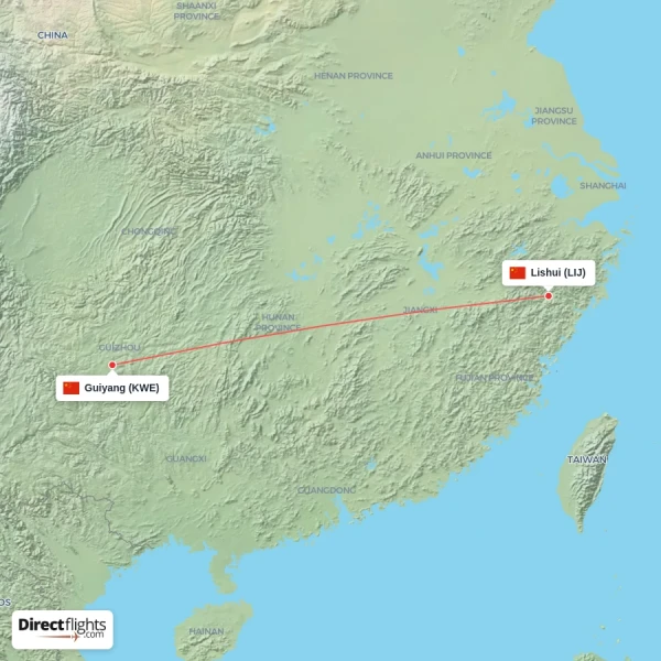 Lishui - Guiyang direct flight map