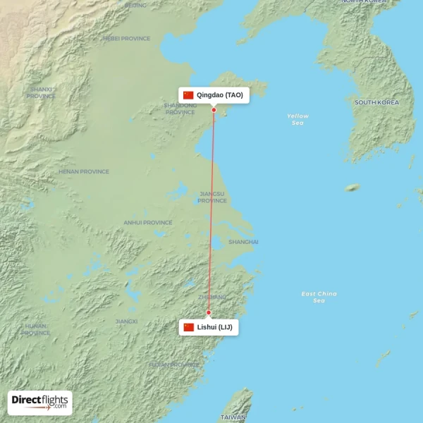 Lishui - Qingdao direct flight map