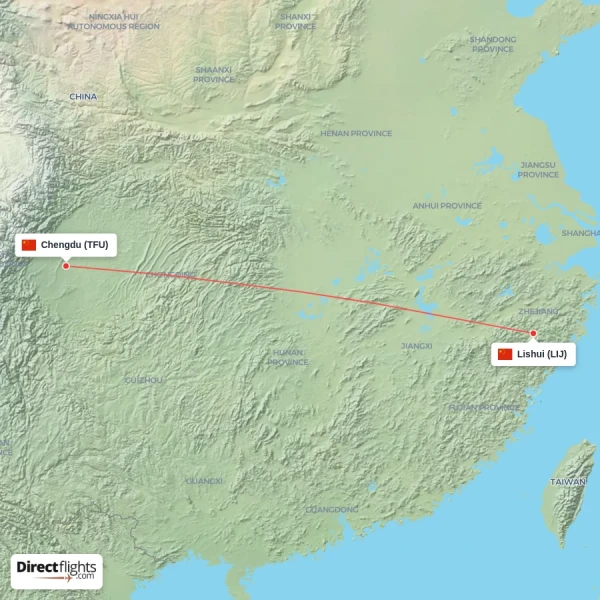 Lishui - Chengdu direct flight map