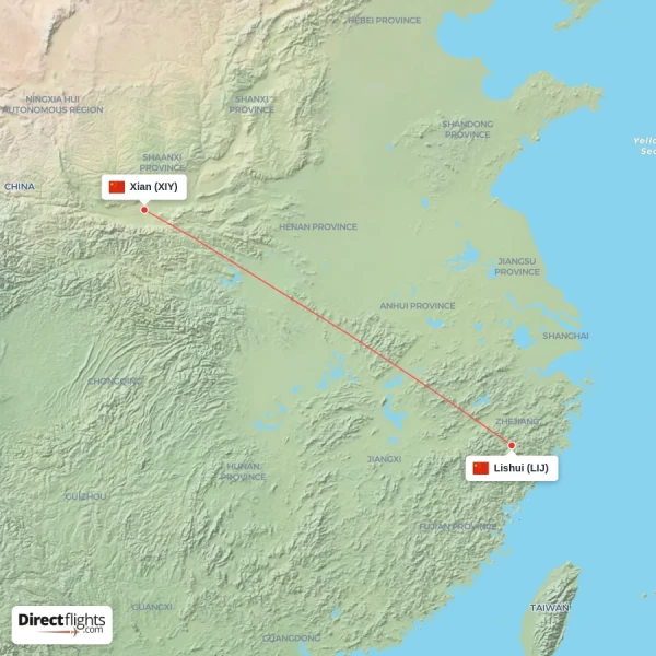 Lishui - Xian direct flight map