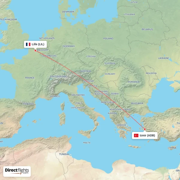 Lille - Izmir direct flight map