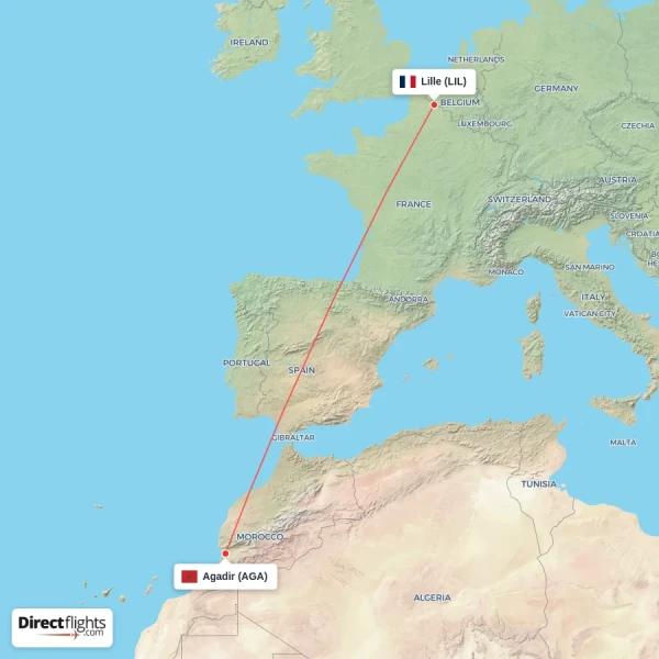 Lille - Agadir direct flight map