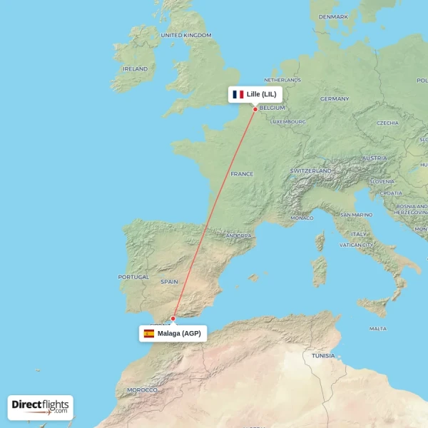 Lille - Malaga direct flight map