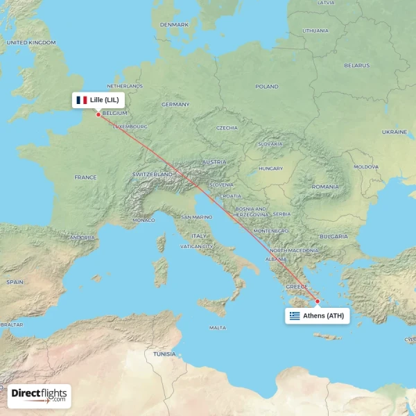 Lille - Athens direct flight map