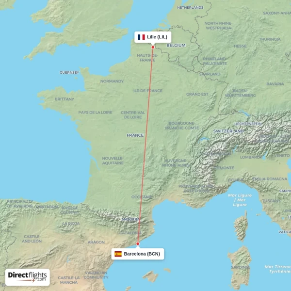 Lille - Barcelona direct flight map