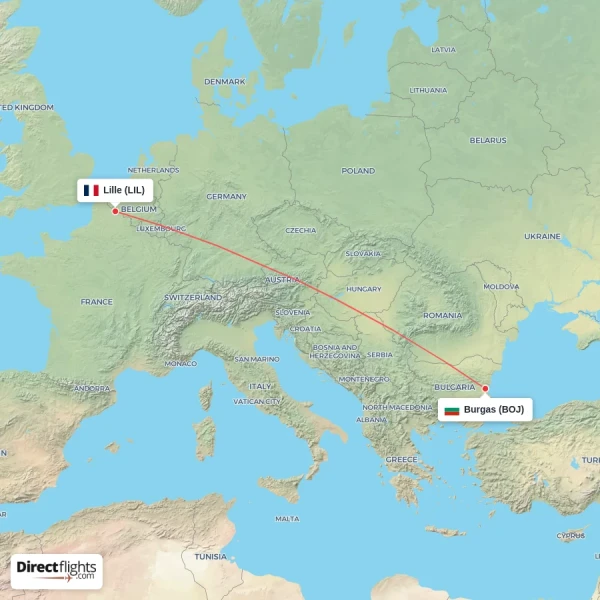 Lille - Burgas direct flight map