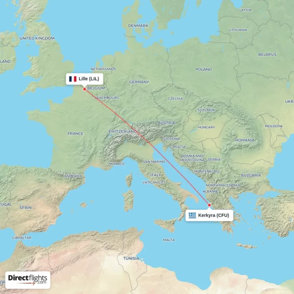 Lille - Kerkyra direct flight map