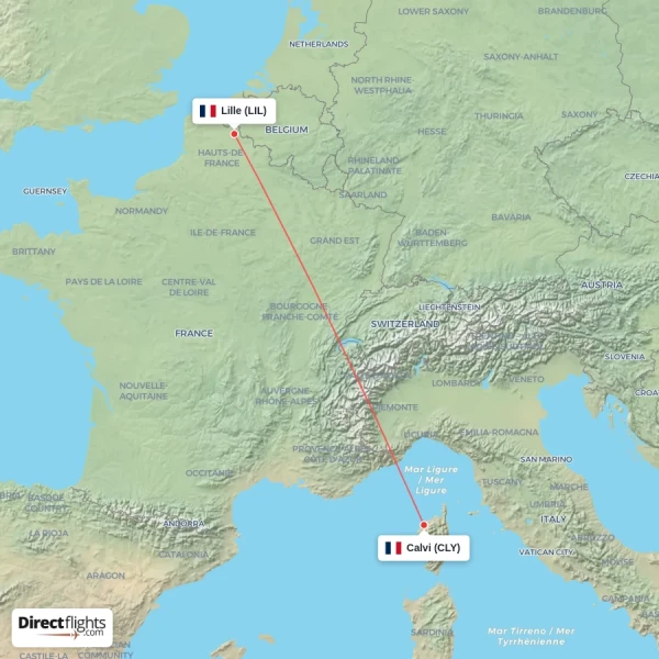 Lille - Calvi direct flight map