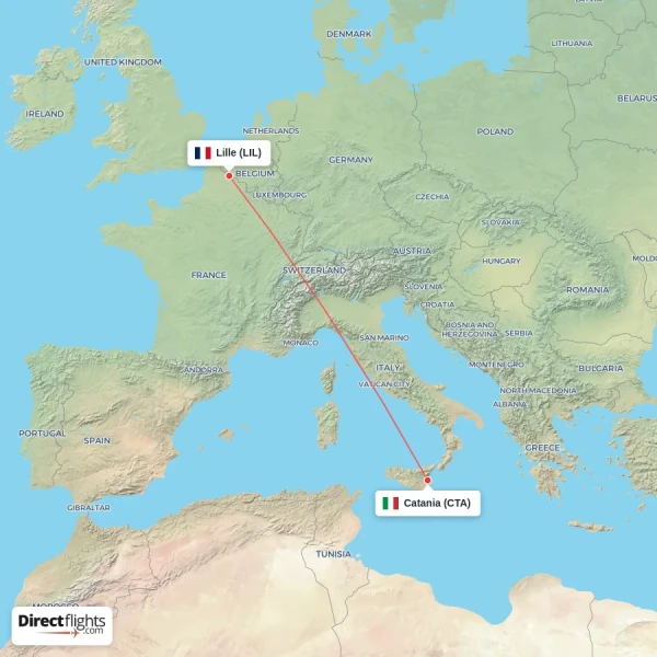 Lille - Catania direct flight map