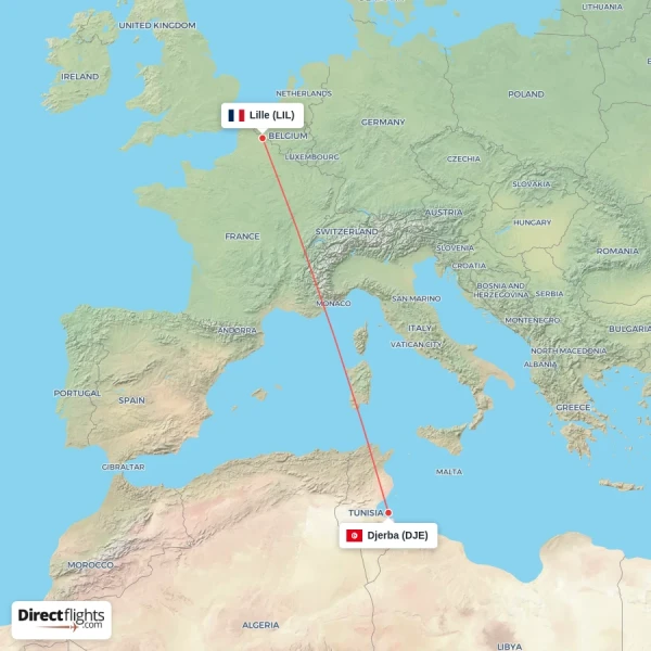 Lille - Djerba direct flight map