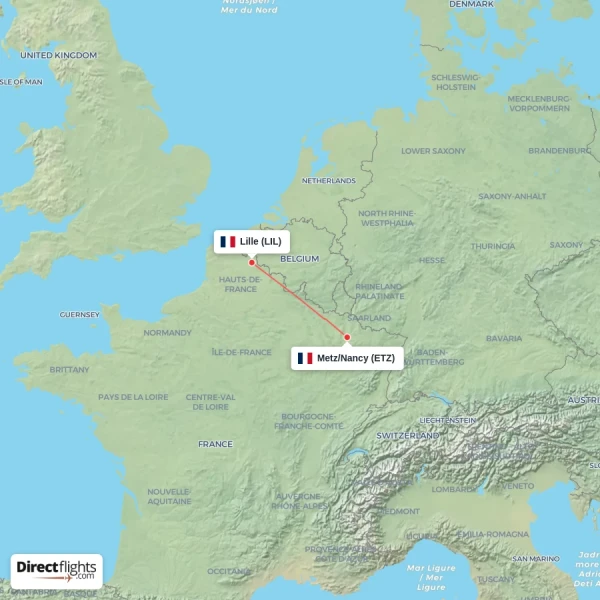 Lille - Metz/Nancy direct flight map