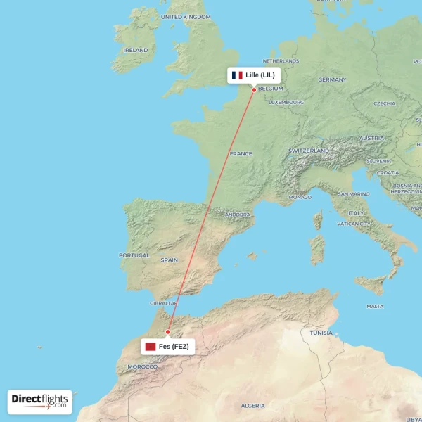 Lille - Fes direct flight map