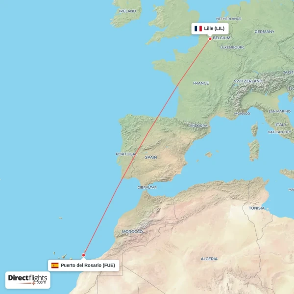 Lille - Puerto del Rosario direct flight map