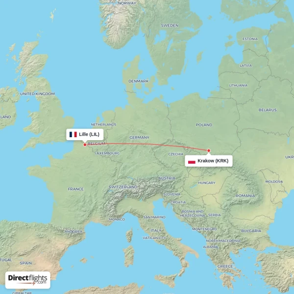 Lille - Krakow direct flight map