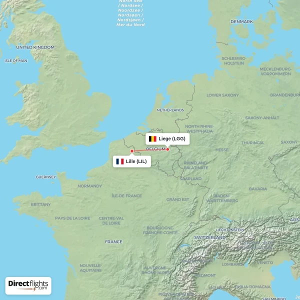 Lille - Liege direct flight map