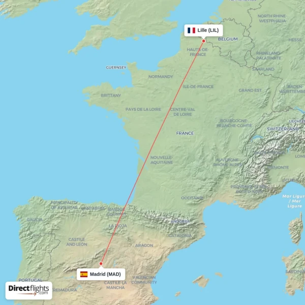 Lille - Madrid direct flight map