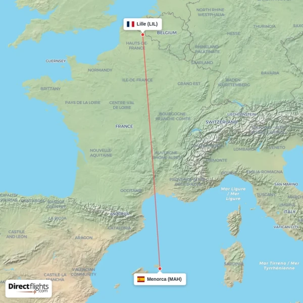 Lille - Menorca direct flight map