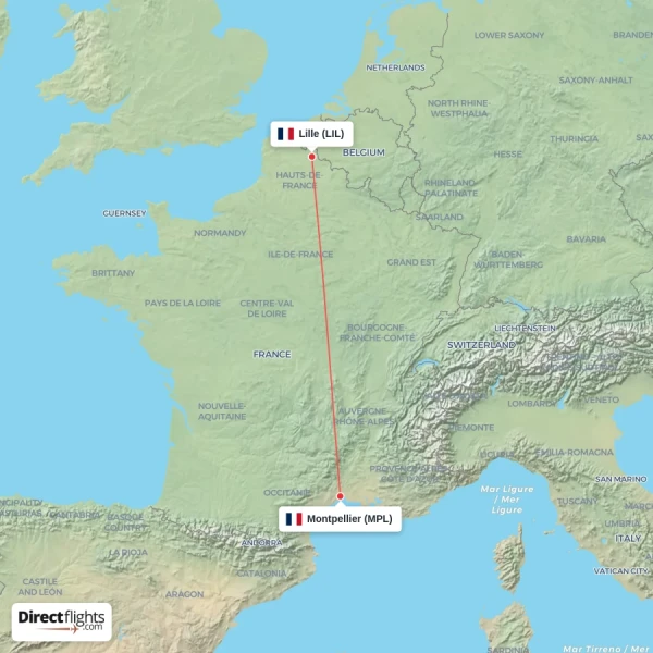 Lille - Montpellier direct flight map