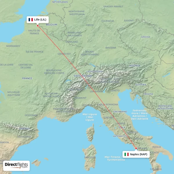 Lille - Naples direct flight map