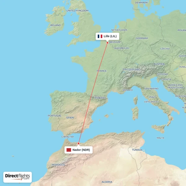 Lille - Nador direct flight map