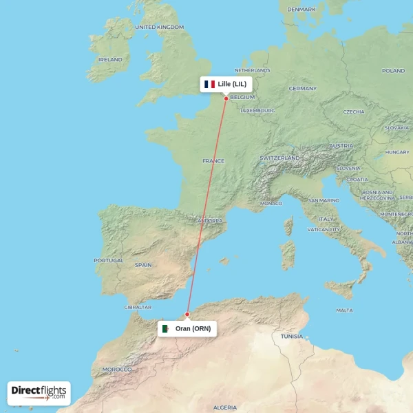 Lille - Oran direct flight map