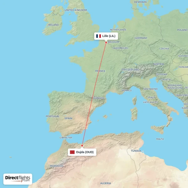 Lille - Oujda direct flight map
