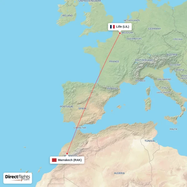Lille - Marrakech direct flight map
